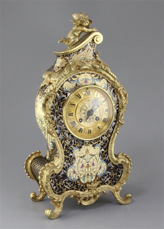 An early 20th century French ormolu and champlevé enamel mantel clock, 16in.